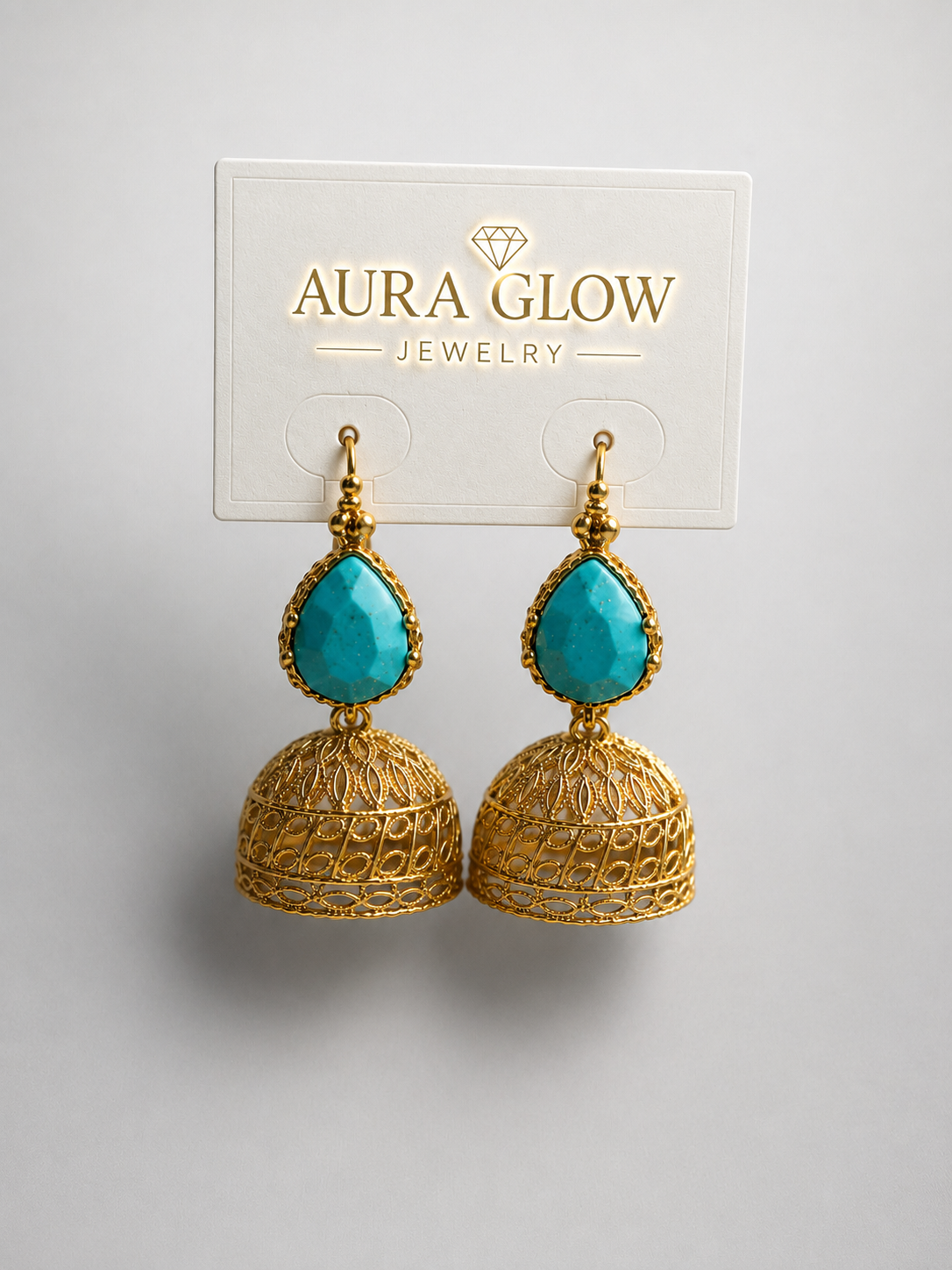 Aura Glow Turquoise Stone Gold Plated Jhumka Earrings for Women