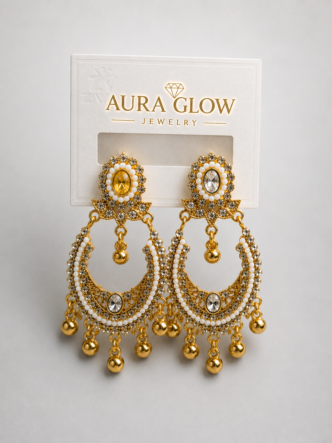 Aura Glow White Crystal Chandbali Gold Plated Earrings for Women