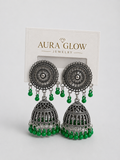 Aura Glow Oxidized Silver Green Beads Traditional Jhumka Earrings