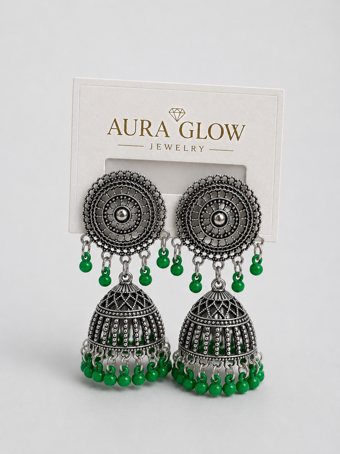 Aura Glow Oxidized Silver Green Beads Traditional Jhumka Earrings